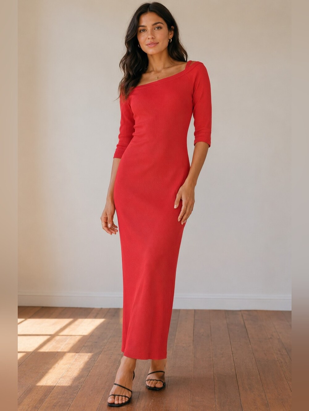 Derek Heart Fitted Ribbed Midi Dress in Red